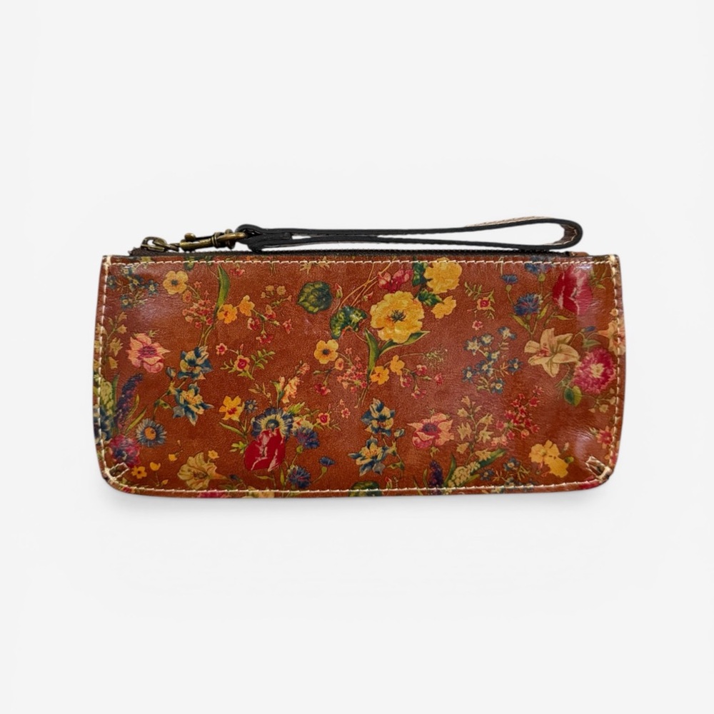 Patricia Nash Brown Prairie Rose Floral Leather Slim Wristlet Clutch Pouch